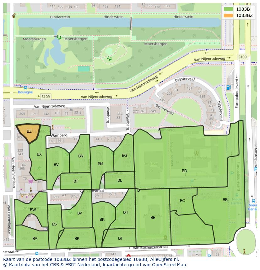 Afbeelding van het postcodegebied 1083 BZ op de kaart.