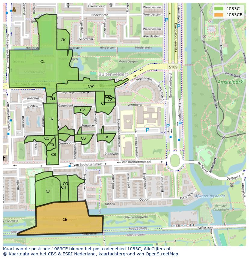 Afbeelding van het postcodegebied 1083 CE op de kaart.