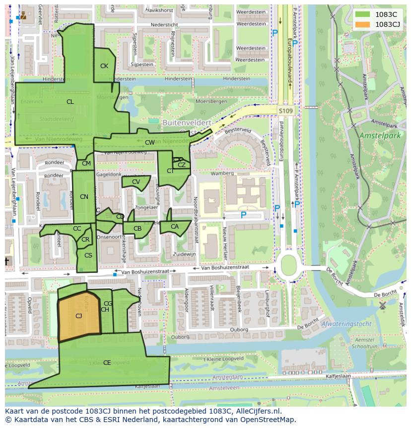 Afbeelding van het postcodegebied 1083 CJ op de kaart.