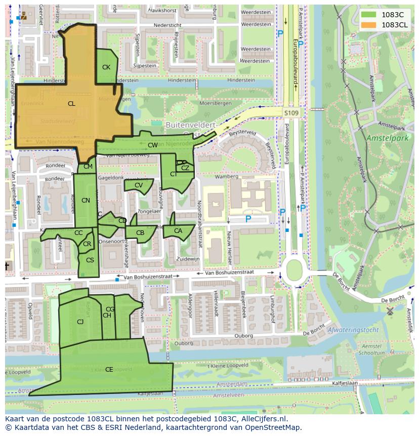 Afbeelding van het postcodegebied 1083 CL op de kaart.