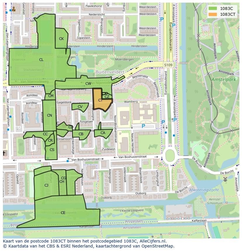 Afbeelding van het postcodegebied 1083 CT op de kaart.