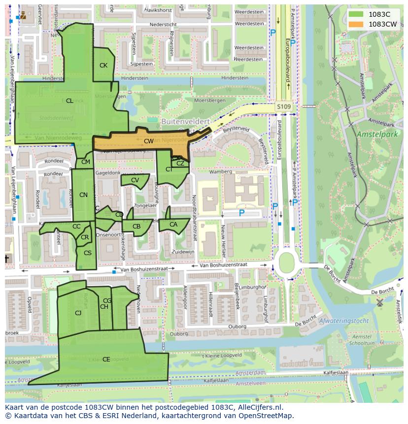 Afbeelding van het postcodegebied 1083 CW op de kaart.