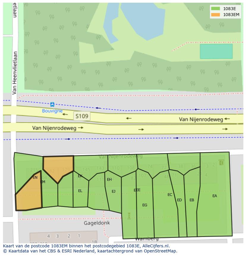 Afbeelding van het postcodegebied 1083 EM op de kaart.