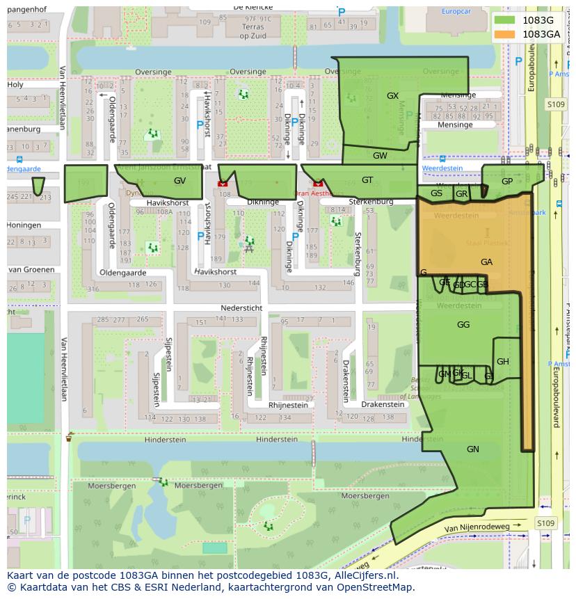 Afbeelding van het postcodegebied 1083 GA op de kaart.