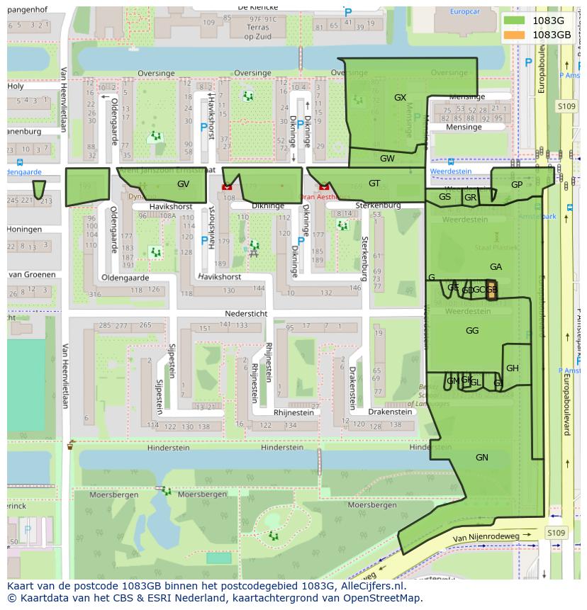 Afbeelding van het postcodegebied 1083 GB op de kaart.