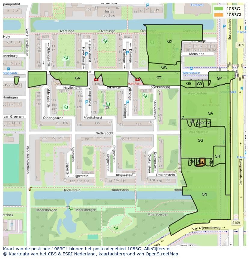 Afbeelding van het postcodegebied 1083 GL op de kaart.