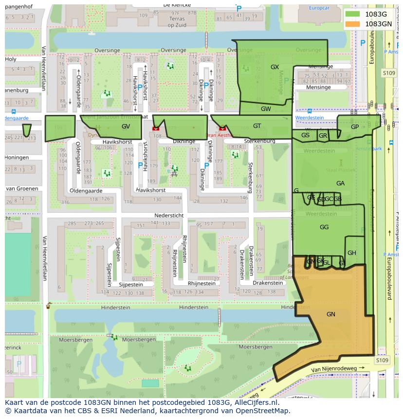 Afbeelding van het postcodegebied 1083 GN op de kaart.
