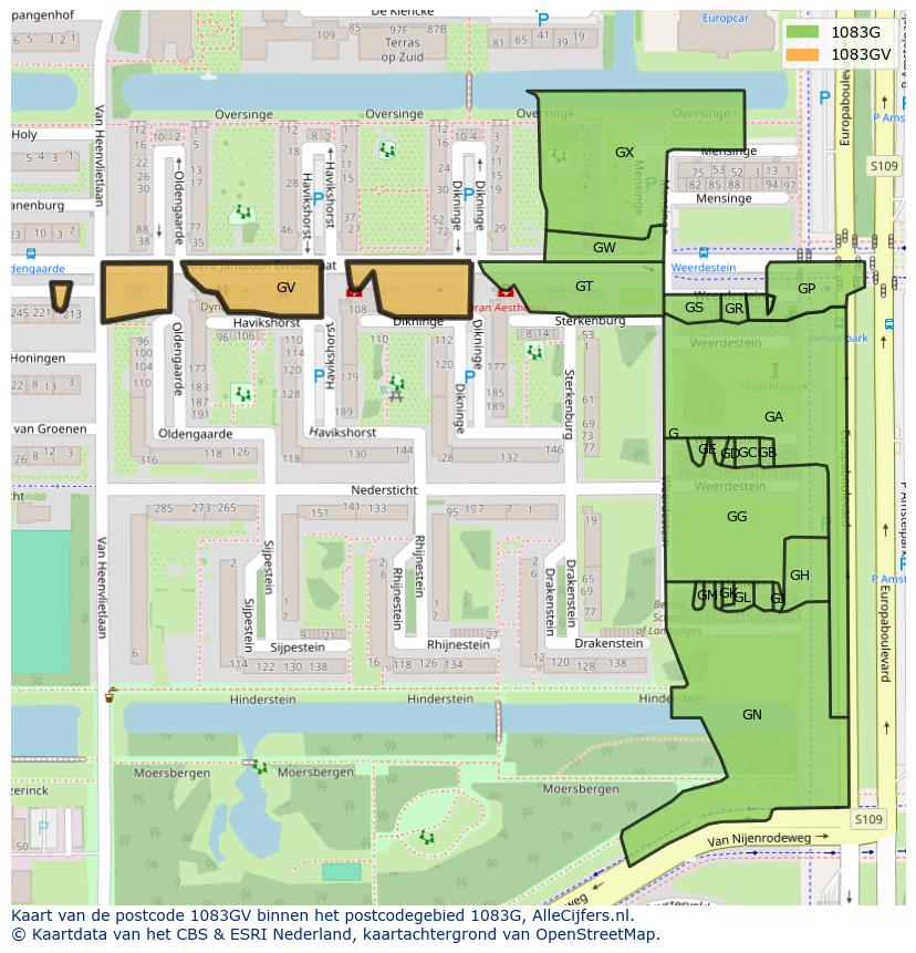Afbeelding van het postcodegebied 1083 GV op de kaart.