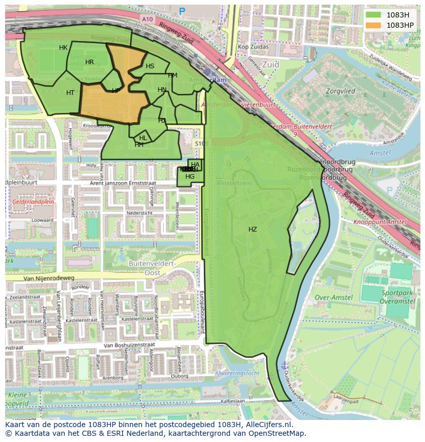 Afbeelding van het postcodegebied 1083 HP op de kaart.