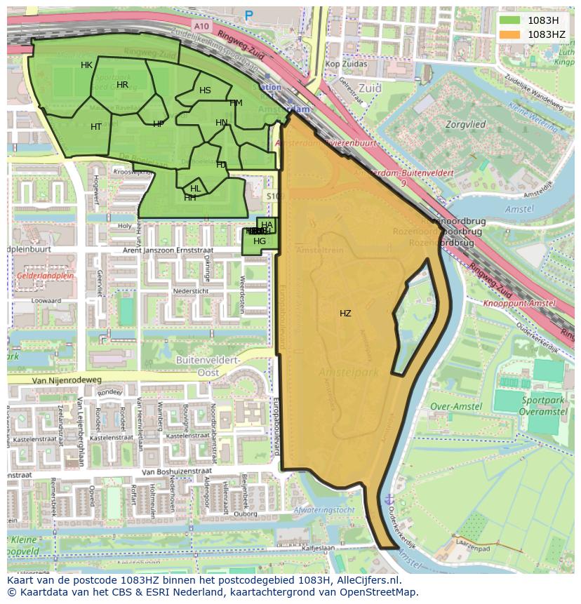 Afbeelding van het postcodegebied 1083 HZ op de kaart.