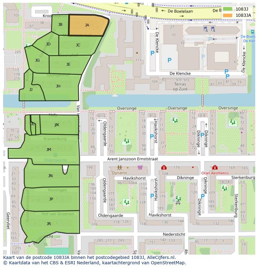 Afbeelding van het postcodegebied 1083 JA op de kaart.
