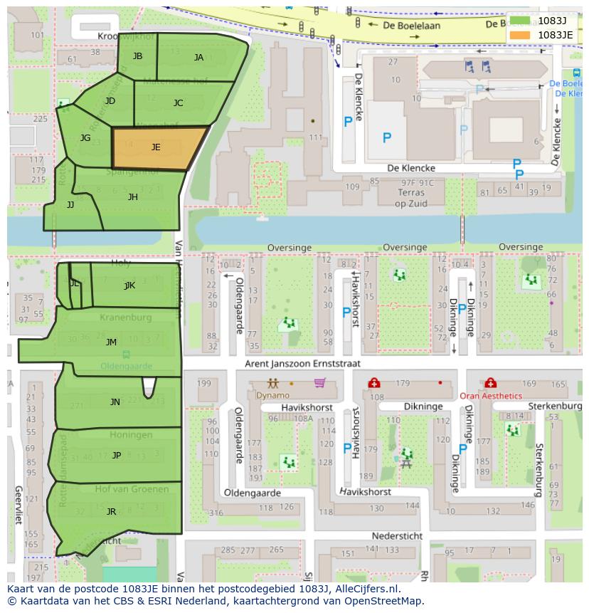 Afbeelding van het postcodegebied 1083 JE op de kaart.