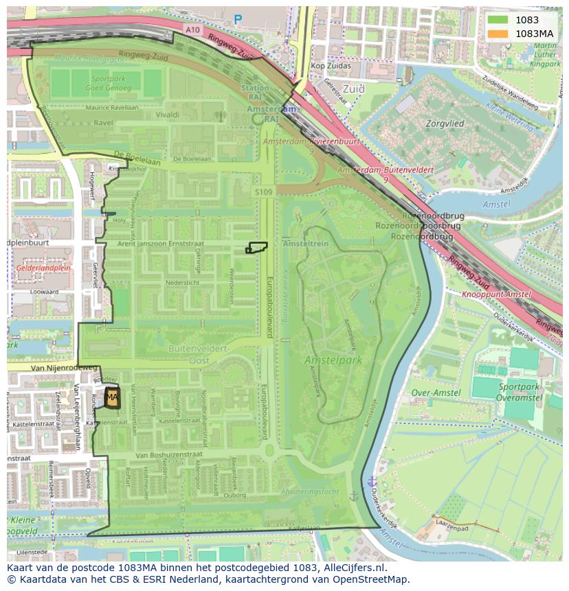 Afbeelding van het postcodegebied 1083 MA op de kaart.