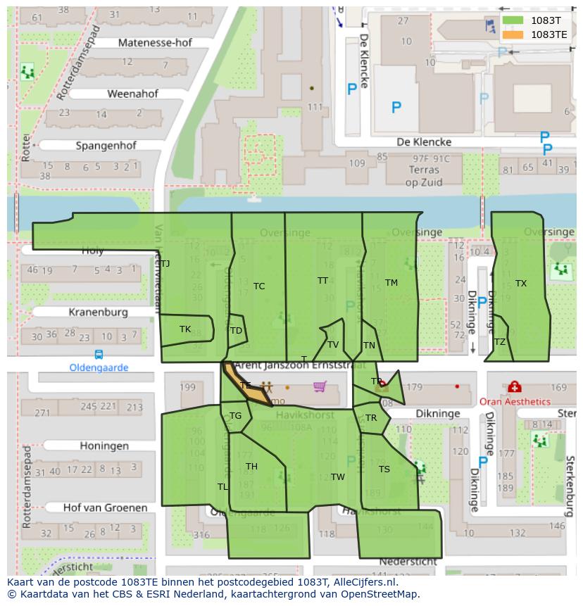 Afbeelding van het postcodegebied 1083 TE op de kaart.