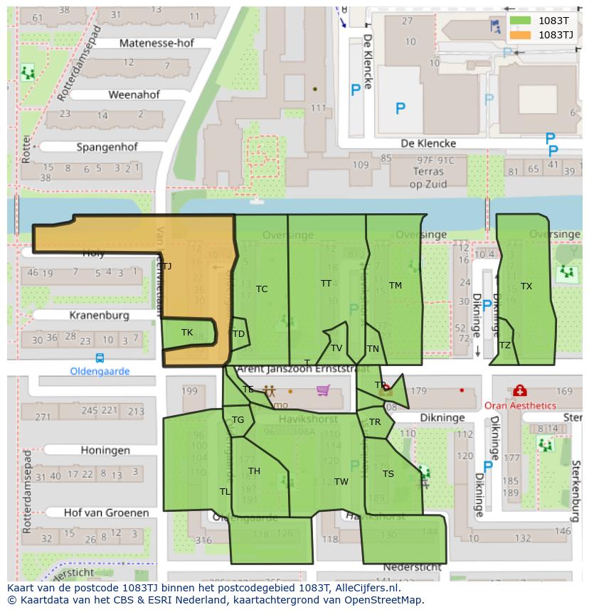 Afbeelding van het postcodegebied 1083 TJ op de kaart.