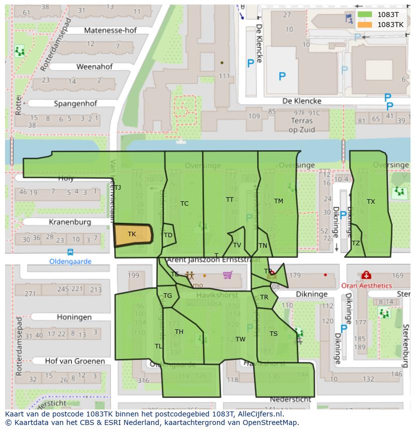 Afbeelding van het postcodegebied 1083 TK op de kaart.