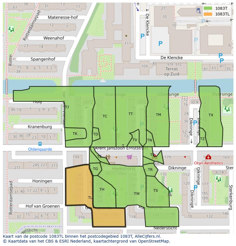 Afbeelding van het postcodegebied 1083 TL op de kaart.