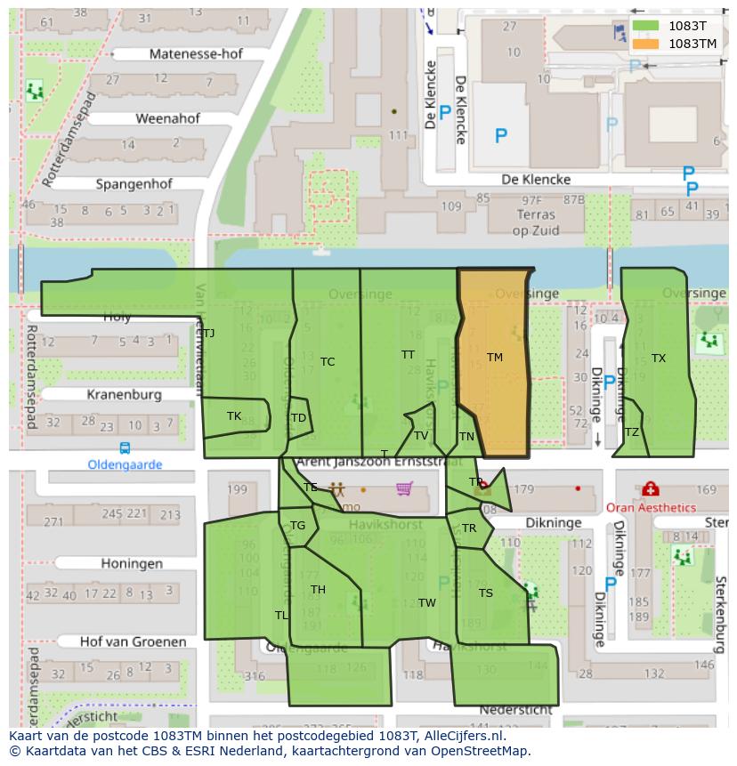 Afbeelding van het postcodegebied 1083 TM op de kaart.