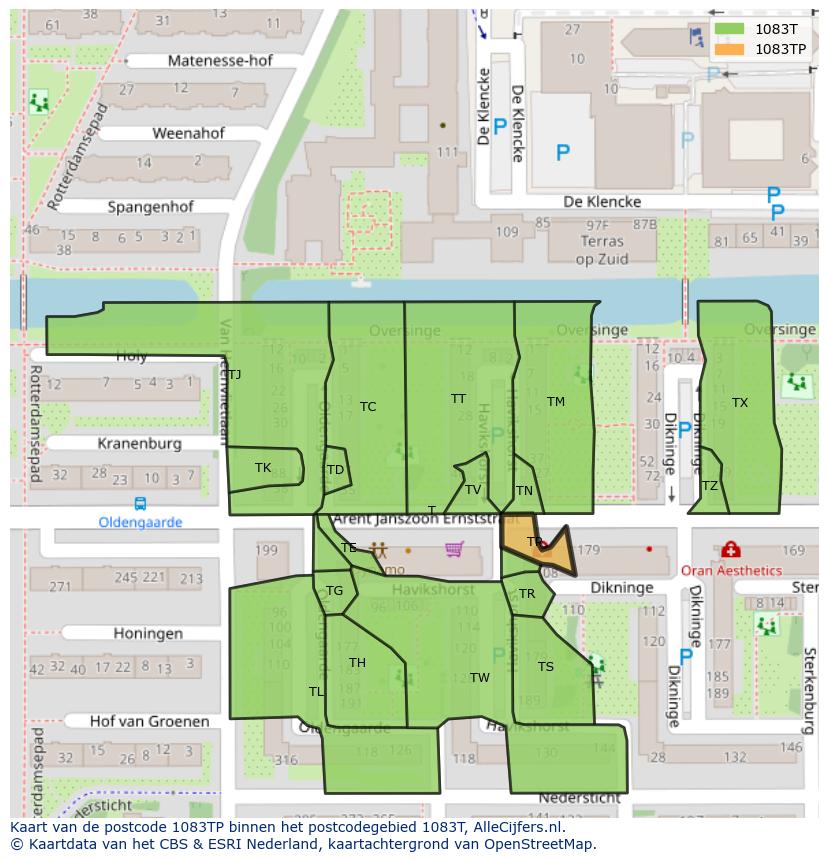 Afbeelding van het postcodegebied 1083 TP op de kaart.