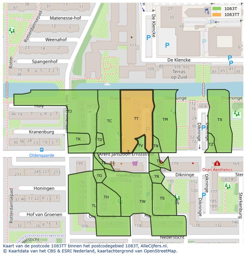 Afbeelding van het postcodegebied 1083 TT op de kaart.
