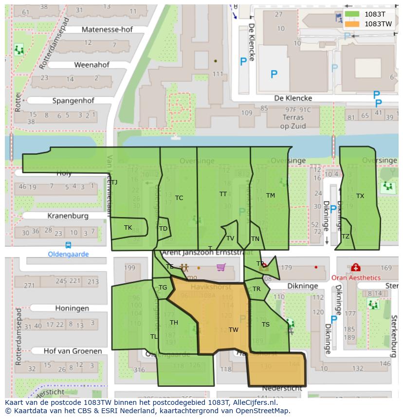 Afbeelding van het postcodegebied 1083 TW op de kaart.