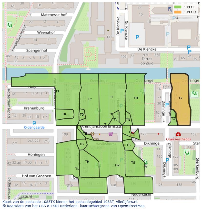 Afbeelding van het postcodegebied 1083 TX op de kaart.