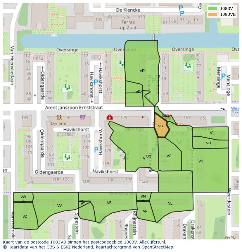 Afbeelding van het postcodegebied 1083 VB op de kaart.