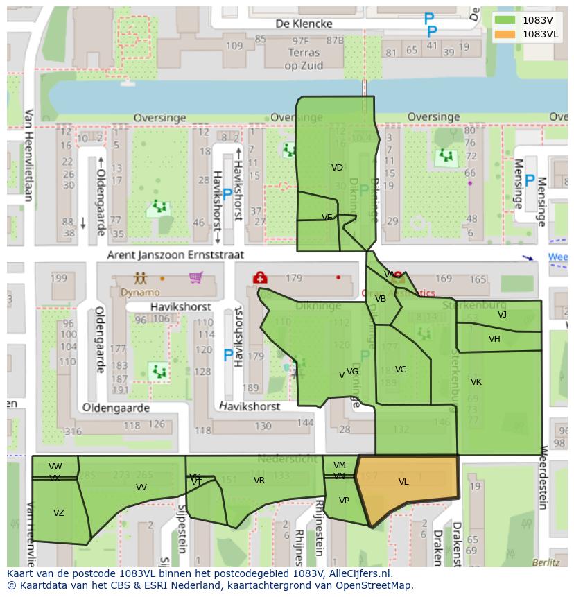 Afbeelding van het postcodegebied 1083 VL op de kaart.