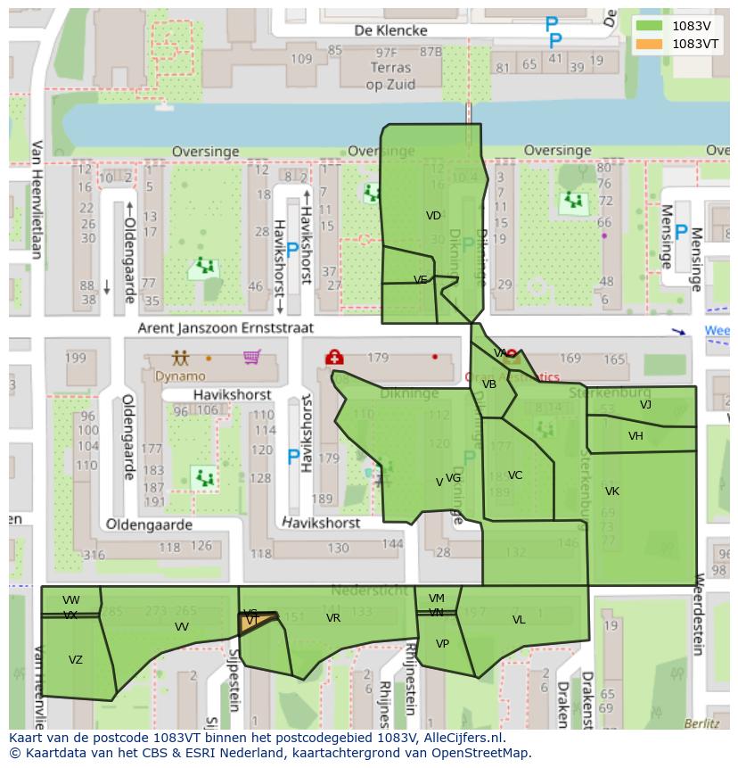 Afbeelding van het postcodegebied 1083 VT op de kaart.