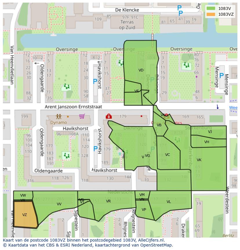 Afbeelding van het postcodegebied 1083 VZ op de kaart.
