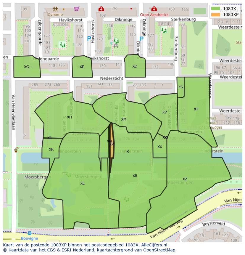 Afbeelding van het postcodegebied 1083 XP op de kaart.