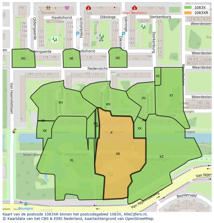 Afbeelding van het postcodegebied 1083 XR op de kaart.