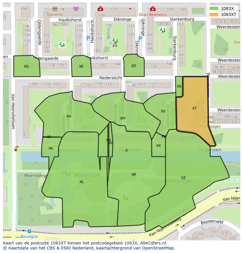 Afbeelding van het postcodegebied 1083 XT op de kaart.