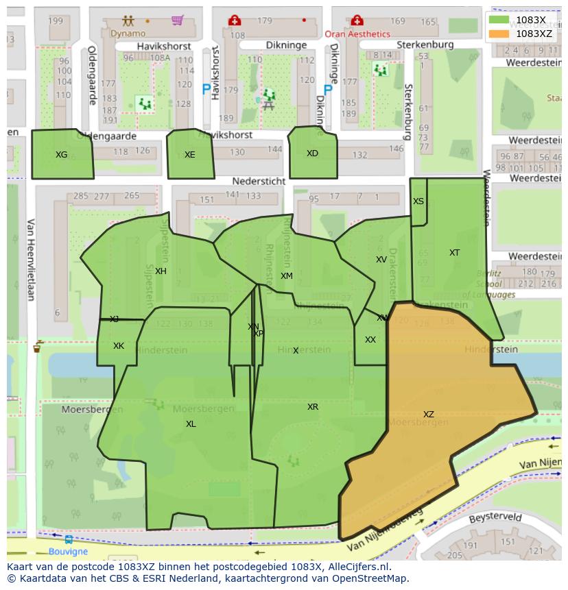 Afbeelding van het postcodegebied 1083 XZ op de kaart.