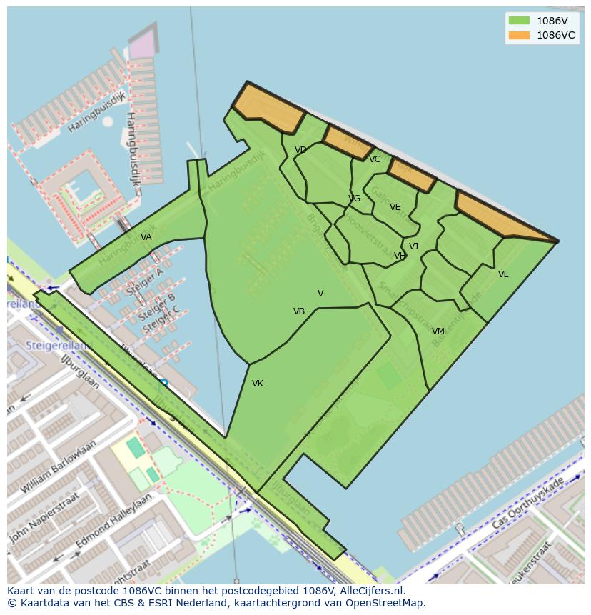 Afbeelding van het postcodegebied 1086 VC op de kaart.