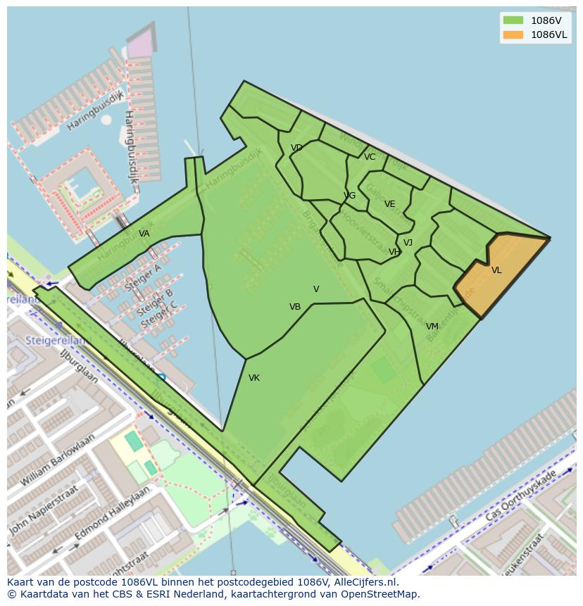 Afbeelding van het postcodegebied 1086 VL op de kaart.