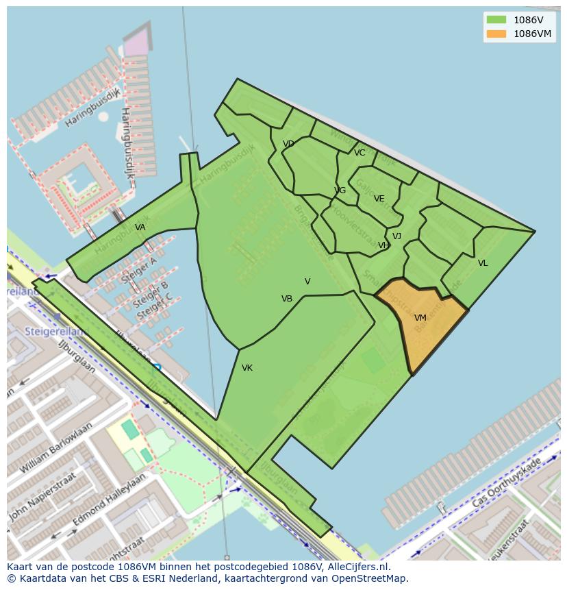 Afbeelding van het postcodegebied 1086 VM op de kaart.