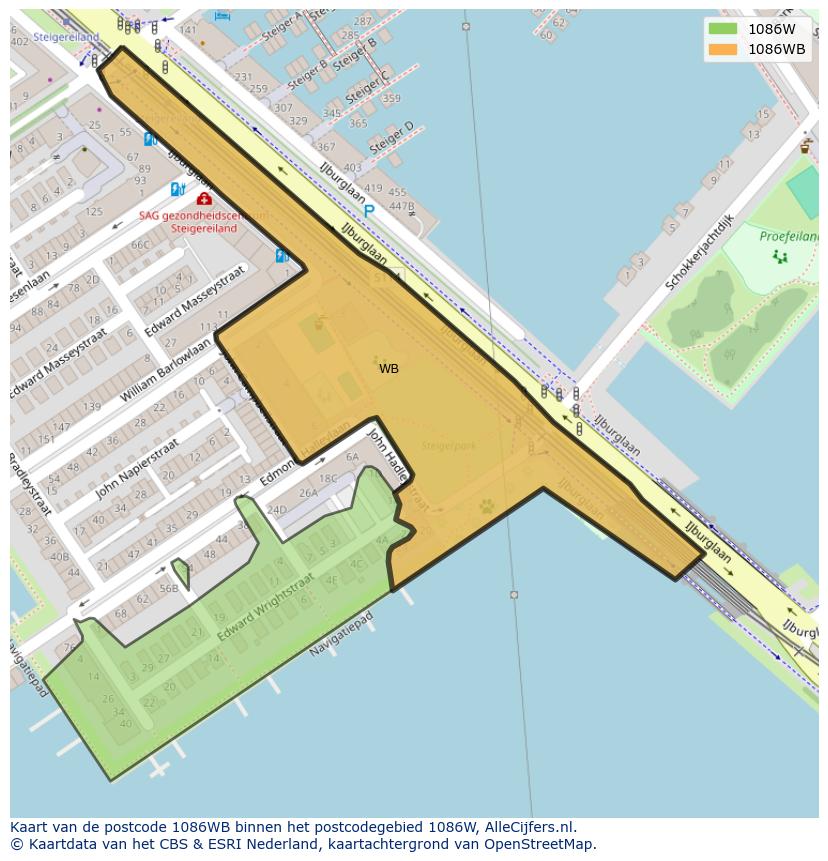 Afbeelding van het postcodegebied 1086 WB op de kaart.