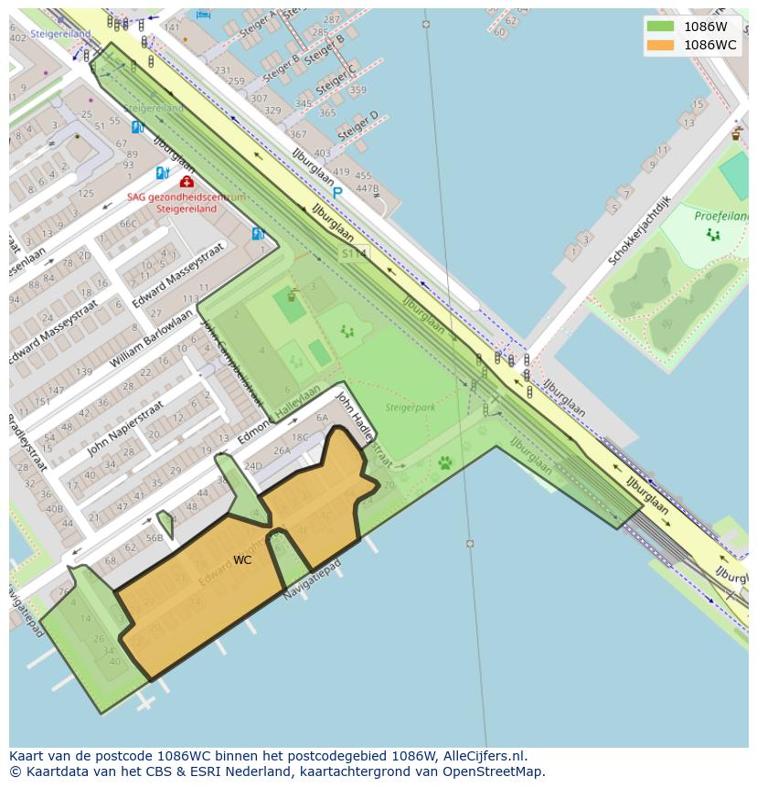 Afbeelding van het postcodegebied 1086 WC op de kaart.