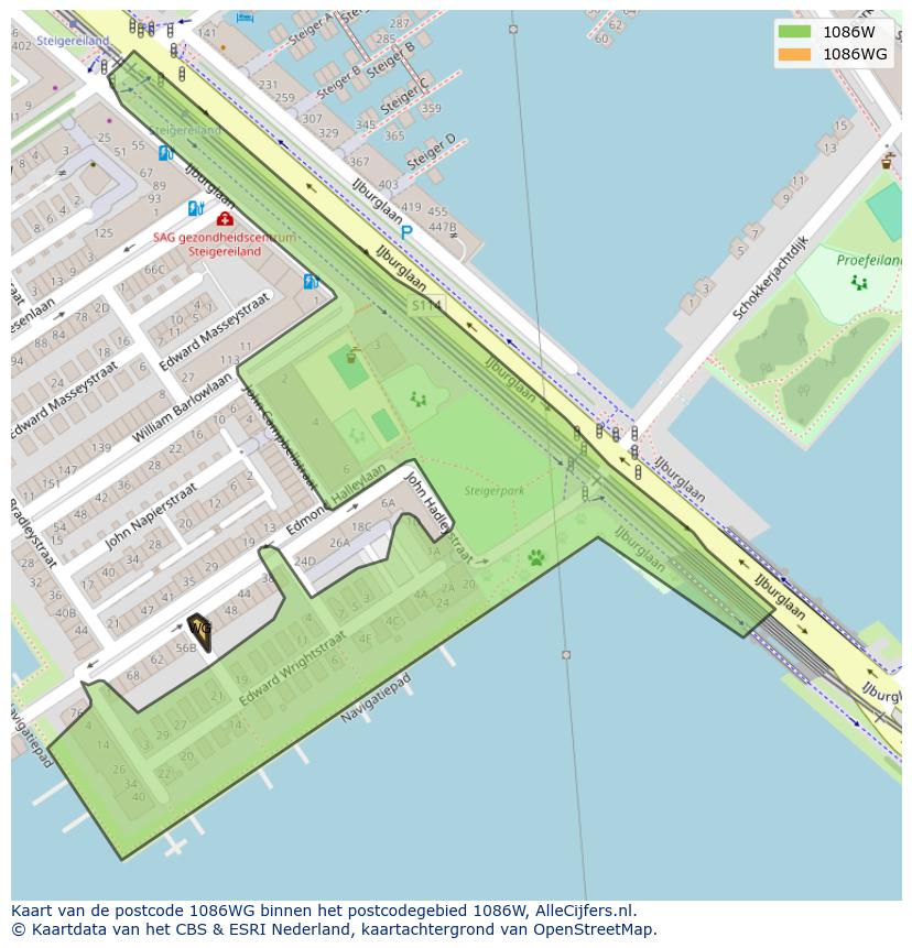Afbeelding van het postcodegebied 1086 WG op de kaart.