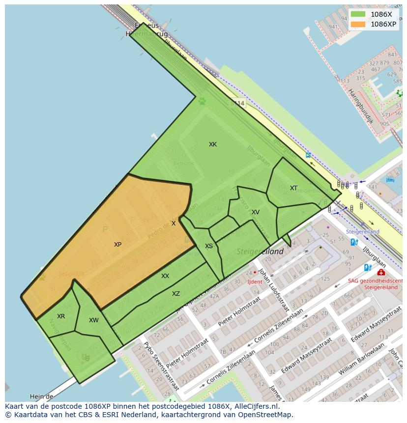Afbeelding van het postcodegebied 1086 XP op de kaart.