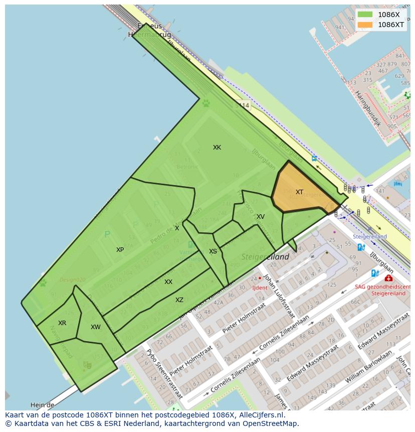 Afbeelding van het postcodegebied 1086 XT op de kaart.