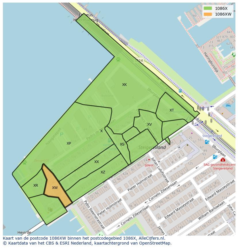 Afbeelding van het postcodegebied 1086 XW op de kaart.