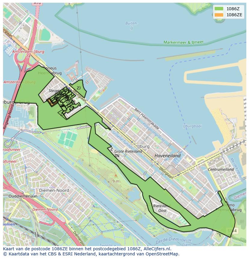 Afbeelding van het postcodegebied 1086 ZE op de kaart.