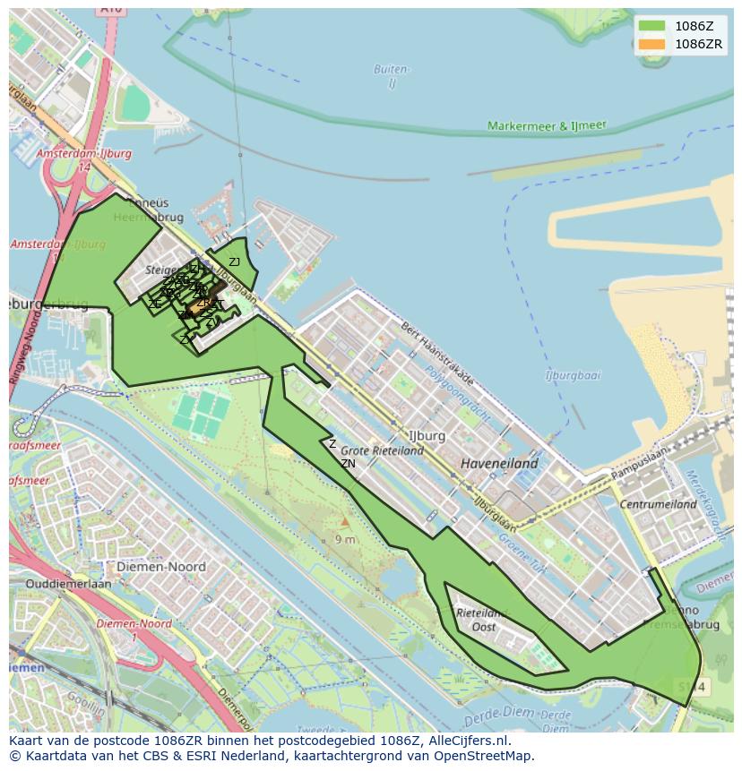 Afbeelding van het postcodegebied 1086 ZR op de kaart.