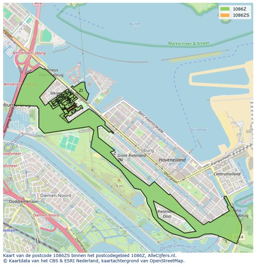 Afbeelding van het postcodegebied 1086 ZS op de kaart.