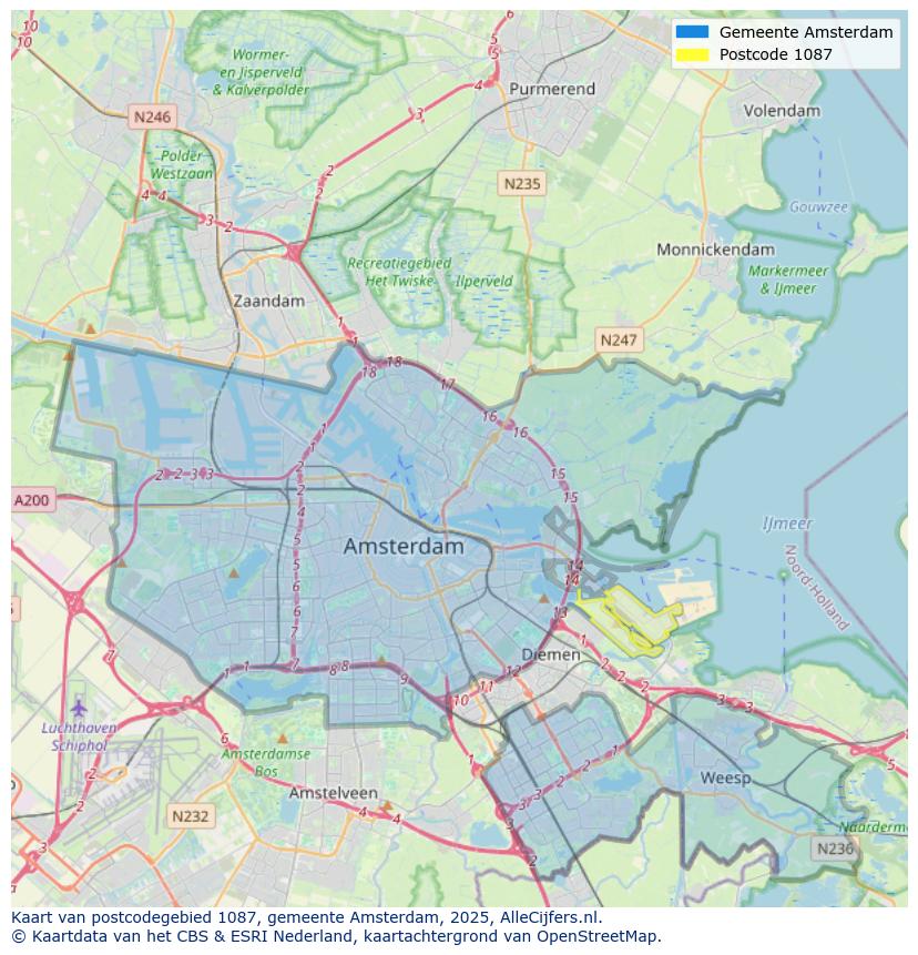 Afbeelding van het postcodegebied 1087 op de kaart.