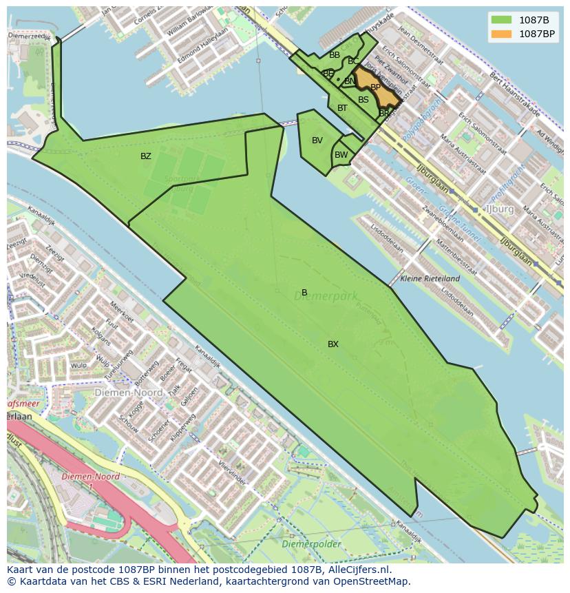 Afbeelding van het postcodegebied 1087 BP op de kaart.