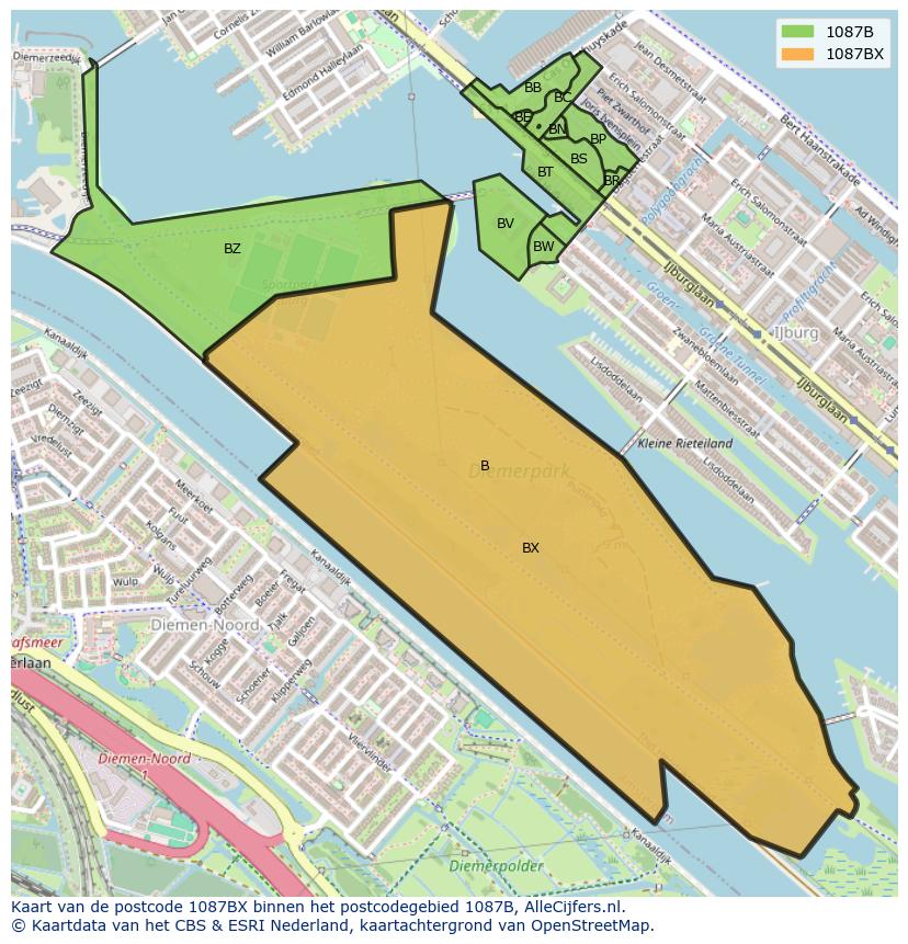 Afbeelding van het postcodegebied 1087 BX op de kaart.