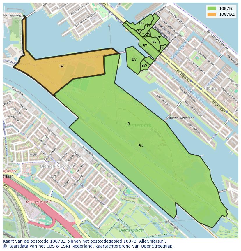 Afbeelding van het postcodegebied 1087 BZ op de kaart.